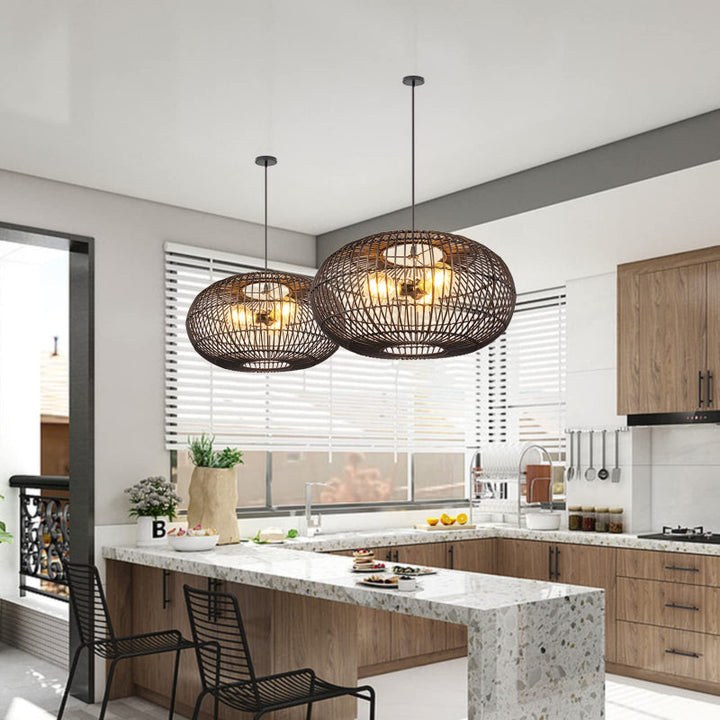 Daisy 3-Lights Black Oval Rattan Pendant Light